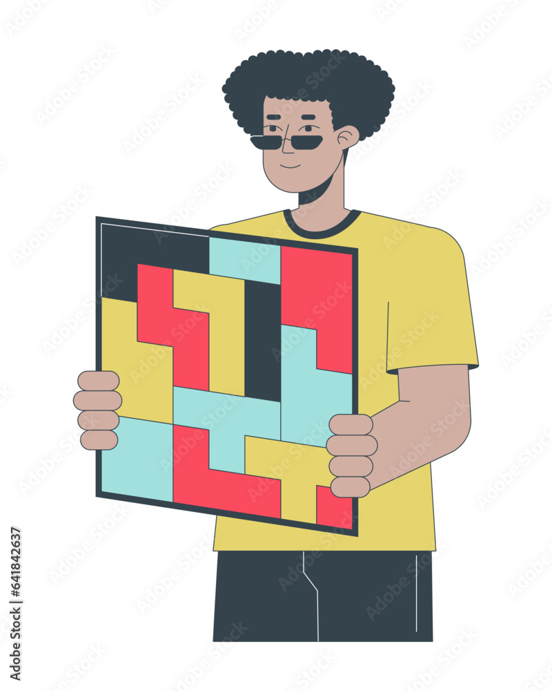 Poster man holding puzzles board flat line concept vector spot illustration. getting stuff together 2d cart