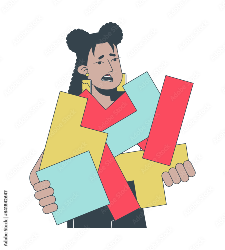 Poster disorganized woman with broken puzzle pieces flat line concept vector spot illustration. chaos unorg