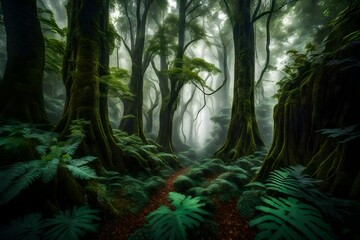 Fototapeta premium Amidst a dense forest, a delicate morning mist blankets the towering trees and lush undergrowth