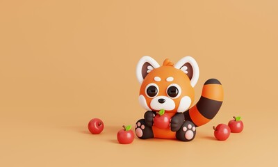 Cute Red Panda Sitting with Apples Isolated on Orange Background. Animals and Food Icon Cartoon Style Concept. 3D Render Illustration © ThxQ