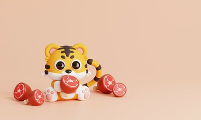 Cute Tiger Sitting with Meat Isolated on Pink Background. Animals and Food Icon Cartoon Style Concept. 3D Render Illustration