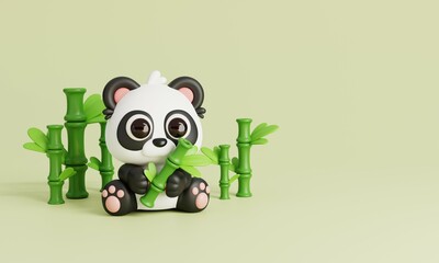 Cute Panda Sitting with Bamboo Isolated on Green Background. Animals and Food Icon Cartoon Style Concept. 3D Render Illustration © ThxQ