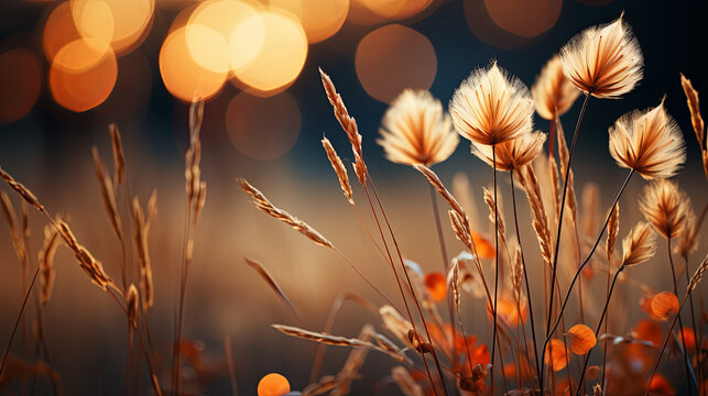 A beautiful closeup of spikelets and fluffy heads of the cottongrass in the autumn medow