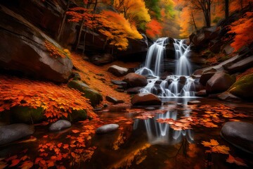 A cascading waterfall in a hidden valley reflects the vibrant autumn foliage, a secret paradise untouched by time