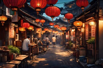 Explore a secret alley in a bustling Asian city, where swaying lanterns and the aroma of street food combine to create an enchanting atmosphere