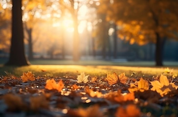 Autumn sunset  beautiful landscape,sun beam ,orange trees and colorful leaves on nature ,season 