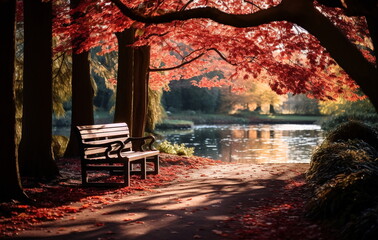 Autumn sunset  in wild park  ,orange trees and colorful leaves,lake in  in park,beautiful landscape