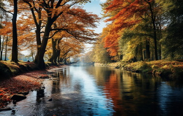 Autumn sunset  beautiful landscape,sun beam ,orange trees and colorful leaves on nature ,season 