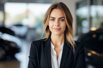 smiling business woman at auto dealer salon on blurry background