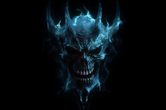 Ice Demon with horns and red fire eyes. Fantasy monster. Head of The Ice Demon. Lord of Hell.  illustration of angry demon on black background