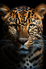 closeup of a leopard on black background, portrait photo.generative ai