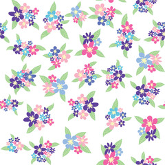 Floral seamless pattern with pink, lavender, blue, purple chamomile flower and leaves. Childish, feminine, gentle