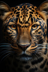 Fototapeta premium closeup of a leopard on black background, portrait photo.generative ai