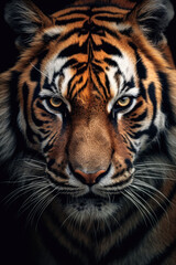 Fototapeta premium closeup of a tiger on black background, portrait photo.generative ai