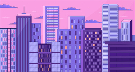 Obraz premium Twilight skyscrapers chill lo fi background. High rise buildings sundown dusk 2D vector cartoon cityscape illustration, purple lofi wallpaper desktop. Sunset aesthetic 90s retro art, dreamy vibes
