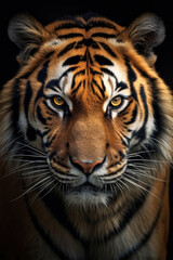 Obraz premium closeup of a tiger on black background, portrait photo.generative ai