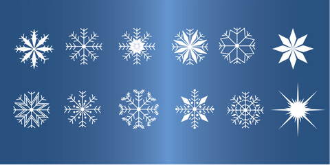 Set of Christmas Snowflake on blue background. New year design elements, frozen symbol.