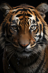 Fototapeta premium closeup of a tiger on black background, portrait photo.generative ai