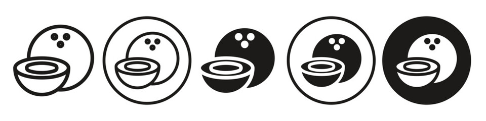Coconut Icon. Natural green or brown coco fruit drink symbol. Summer exotic coconut slice with water and oil vector. Flat logo set of vegan organic nut shape illustration 