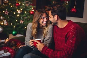 Obraz na płótnie Canvas couple using laptop and drinking coffee, Christmas