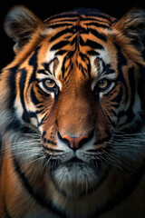 Fototapeta premium closeup of a tiger on black background, portrait photo.generative ai