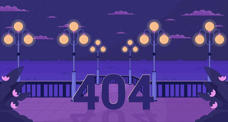 Night waterfront streetlights error 404 flash message. City quay, lampposts. Website landing page ui design. Not found cartoon image, dreamy vibes. Vector flat illustration with 90s retro background