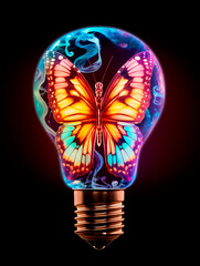 Glowing lightbulb with butterfly inside, isolated on black background