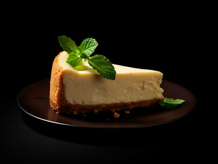 piece of cheesecake with mint on a black background, closeup