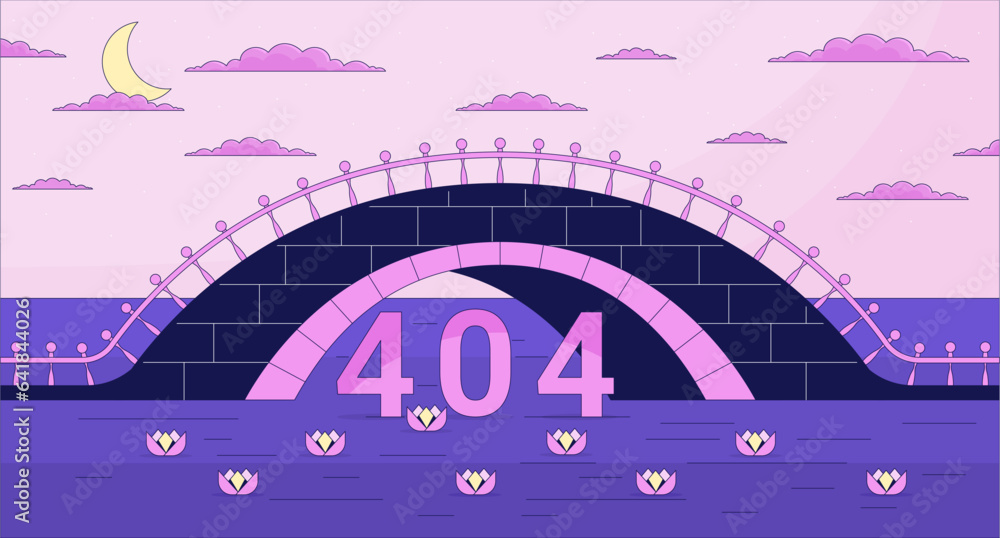 Aufkleber twilight bridge across river error 404 flash message. dusk above water lilies. website landing page 
