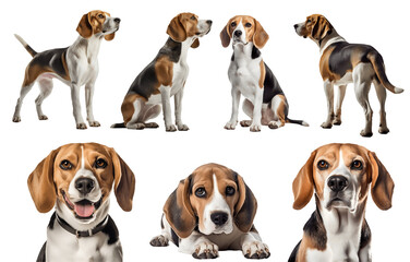 Beagle dog puppy, many angles and view portrait side back head shot isolated on transparent background cutout, PNG file