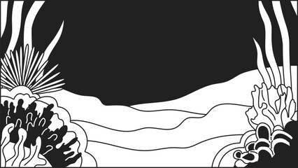 Underwater scene coral reef bw cute kawaii lo fi background. Seaweed, algae monochromatic 2D vector cartoon under the sea landscape illustration, lofi aesthetic wallpaper desktop. Linear scenery © IMGvisualsCharacters