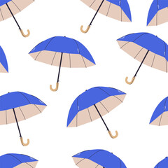 Seamless pattern with umbrellas.The blue umbrella pattern . Pattern for printing on fabric, wallpaper, autumn materials. Protection from rain.