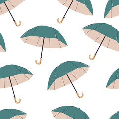 Seamless pattern with umbrellas.The green umbrella pattern . Pattern for printing on fabric, wallpaper, autumn materials. Protection from rain.