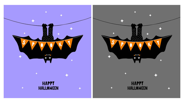Cute Hand Drawn Halloween Vector Card with Happy Bat Isolated on a Violet and Dark Gray Background. Bat Hanging Upside Down Holding a Banner Says "Spooky" Lovely Halloween Illustration. RGB Colors. 
