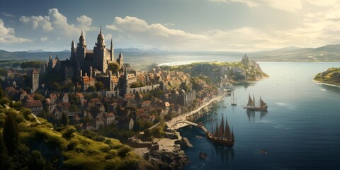 medieval fantasy city built over hills, view of the river and mountains