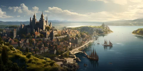 Fotobehang Fantasie landschap medieval fantasy city built over hills, view of the river and mountains