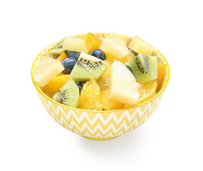 Bowl with fresh fruit salad on white background