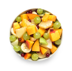 Bowl with fresh fruit salad on white background