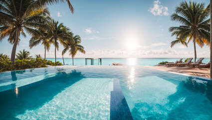 Fototapeta na wymiar Swimming pool, against the background of the sea, palm trees
