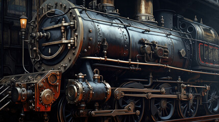 Naklejka premium Huge black metal gear train wheel structure on the old steam engine train locomotive close up