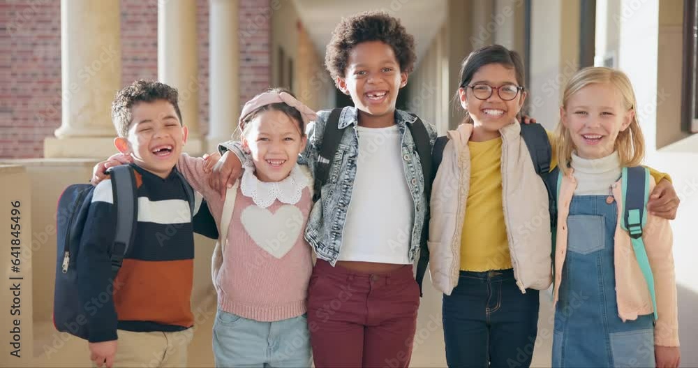 Poster School, friends and portrait of children in hallway with backpack, excited for learning and kids education. Smile, fun and knowledge, happy young students together outside classroom with embrace.