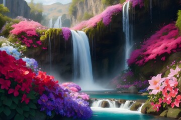breathtaking waterfall cascading through a valley of vibrant flowers