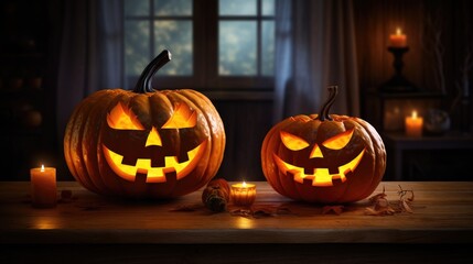 Contrasting Carvings: A Tale of Spooky and Friendly Pumpkins Illuminated by Candlelight, Evoking Mystery and Anticipation
