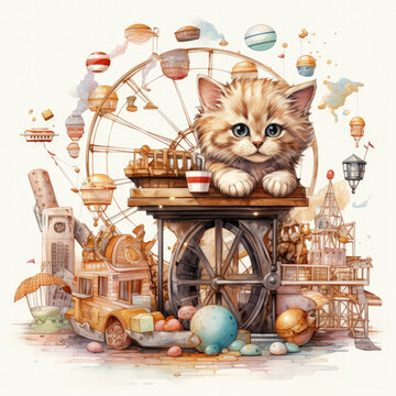 A playful watercolor Kitten with a Coffee Clipart, the adorable feline sitting on a saucer with a tiny coffee cup, its whiskers twitching with curiosity, a mischievous glint in its eyes, Generative Ai