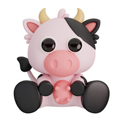 Cute Sitting Cow Isolated. Animals Cartoon Style Icon Concept. 3D Render Illustration