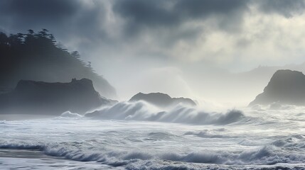  a large body of water surrounded by rocks and a forest.  generative ai