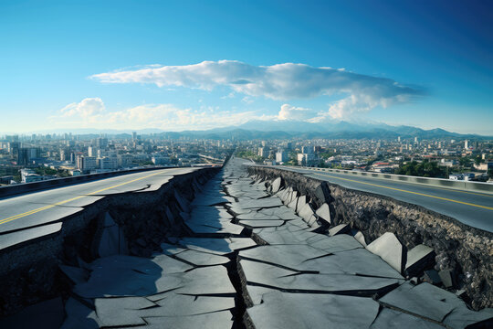 cracked highway give away caused by a earthquake disaster. crevices, faults, fractures, rifts, gashes.