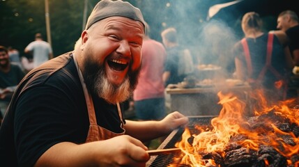 Funny and crazy smiling man busy at the barbecue cooks the most delicious meat. Generative AI