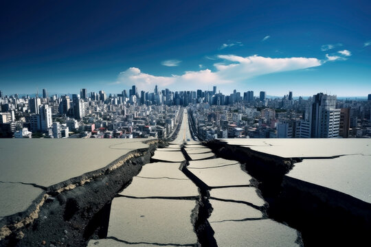 a vast city skyline. cracked earthquake highway disaster. compressional fault, dip-slip fault, oblique-slip fault.
