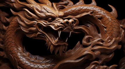 Wood Chinese Dragon Statue: Sign for Lunar Zodiac, Asian Culture, and Festive Greetings - Generative AI - 641847062